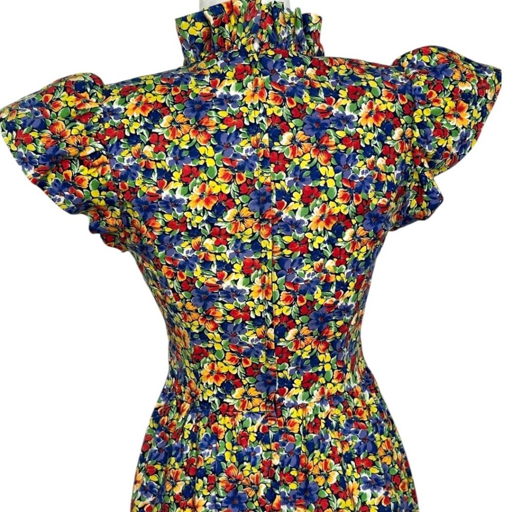 Vintage Leslie Lucks Petites Ruffle Collar Cap Sleeve Floral Dress Size 4 Petite - Picture 5 of 10